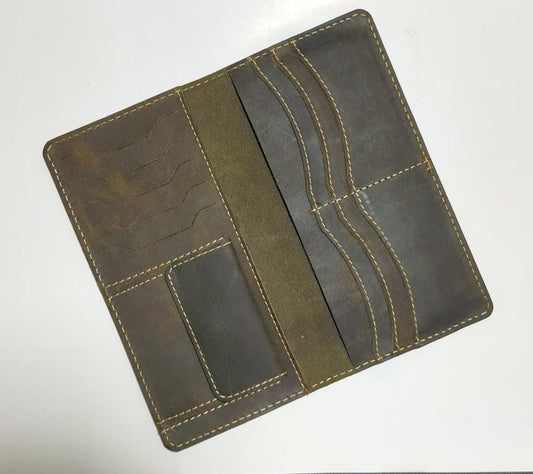 Premium Leather Long Wallet – Deep Olive
