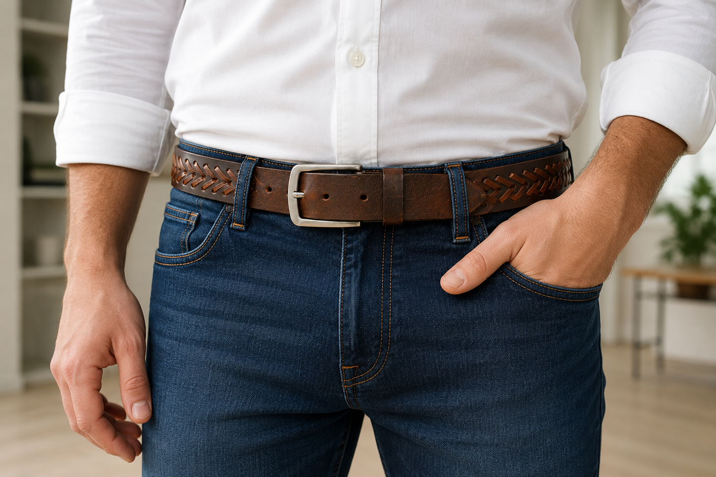 Premium Brown Handwoven Leather Belt – Vintage Casual Style