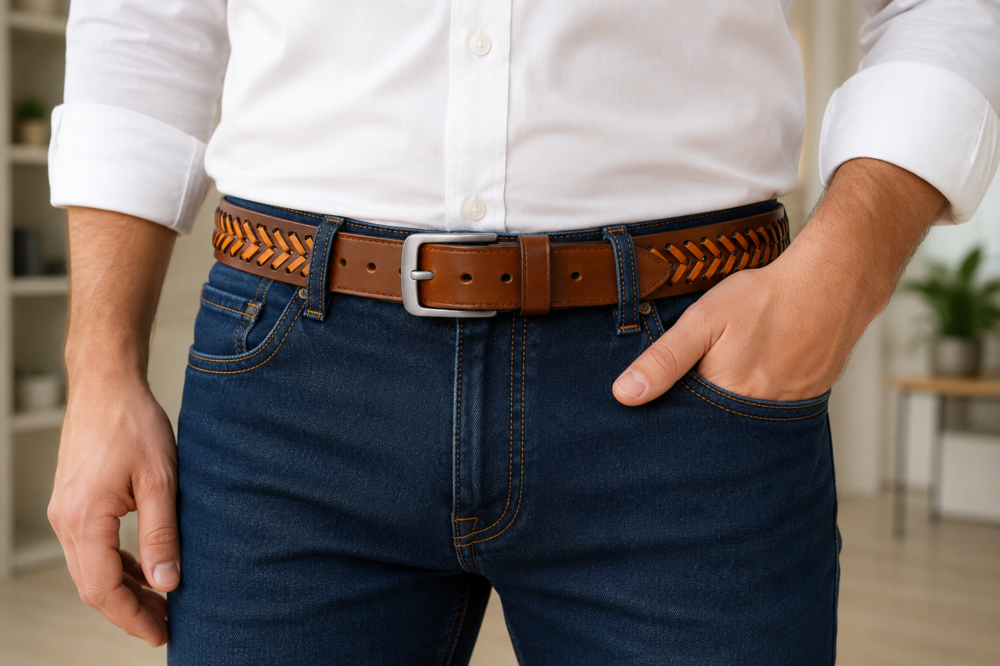 Premium Tan Brown Handwoven Leather Belt – Vintage Casual Style
