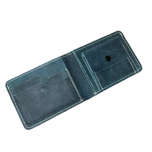 Leather Wallet Slim Bifold Design with Coin Pocket - Teal Blue