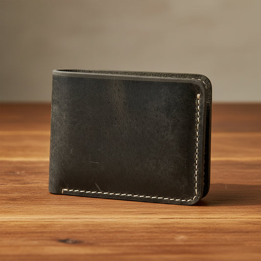 Charcoal Black Wallet Minimalist Genuine Leather Bifold Design