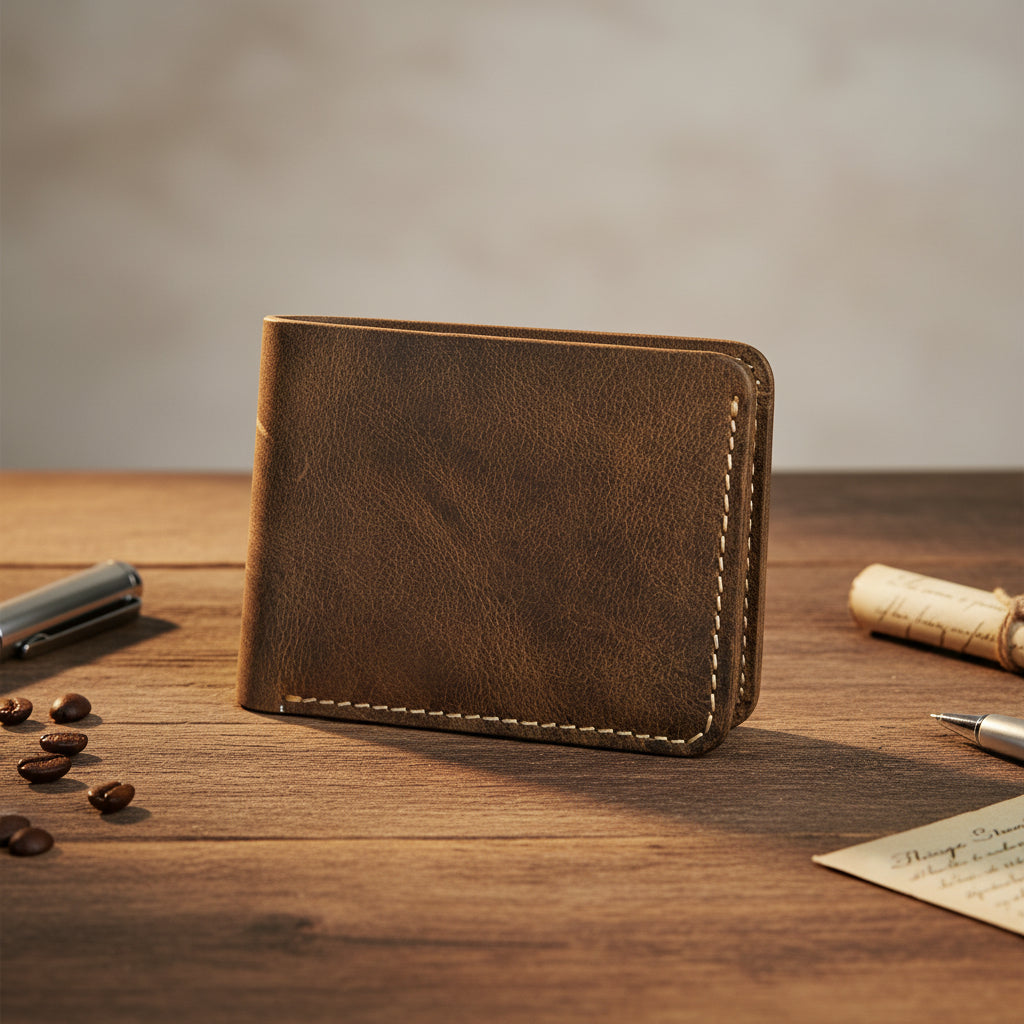 Vintage Tan Wallet Minimalist Genuine Leather Bifold Design