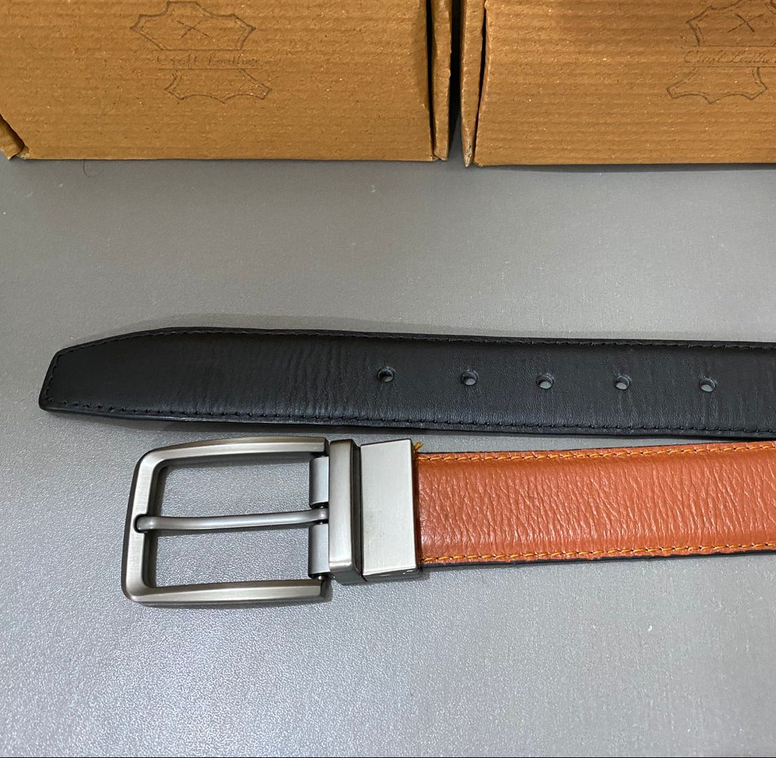 2-in-1 Double-Sided Cow Leather Belt Black & Tan Brown
