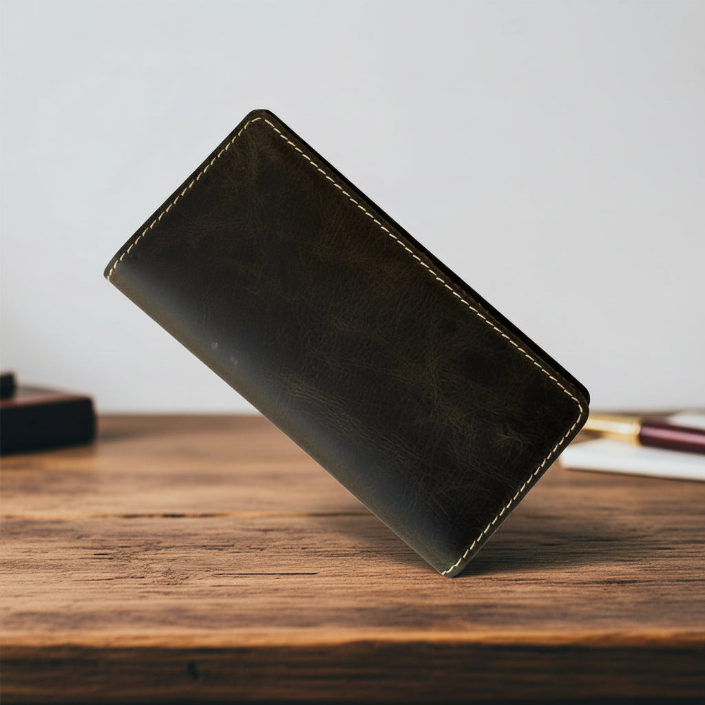 Premium Leather Long Wallet – Deep Olive