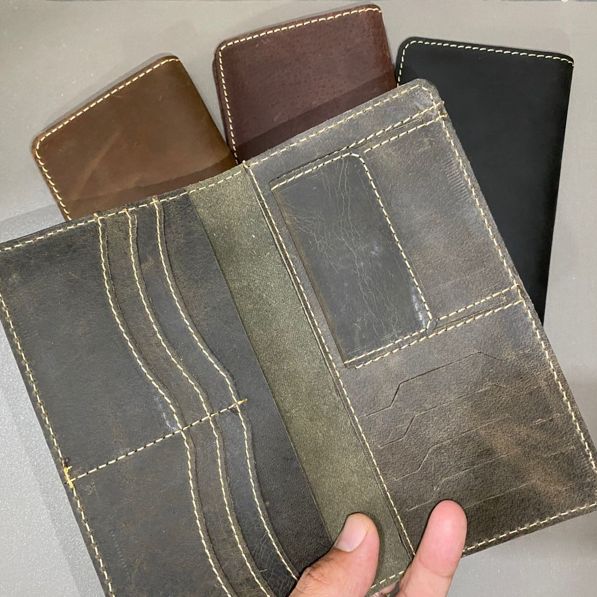 Premium Leather Long Wallet – Deep Olive