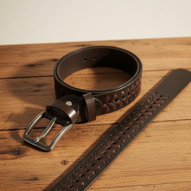 Premium Brown Handwoven Leather Belt – Vintage Casual Style