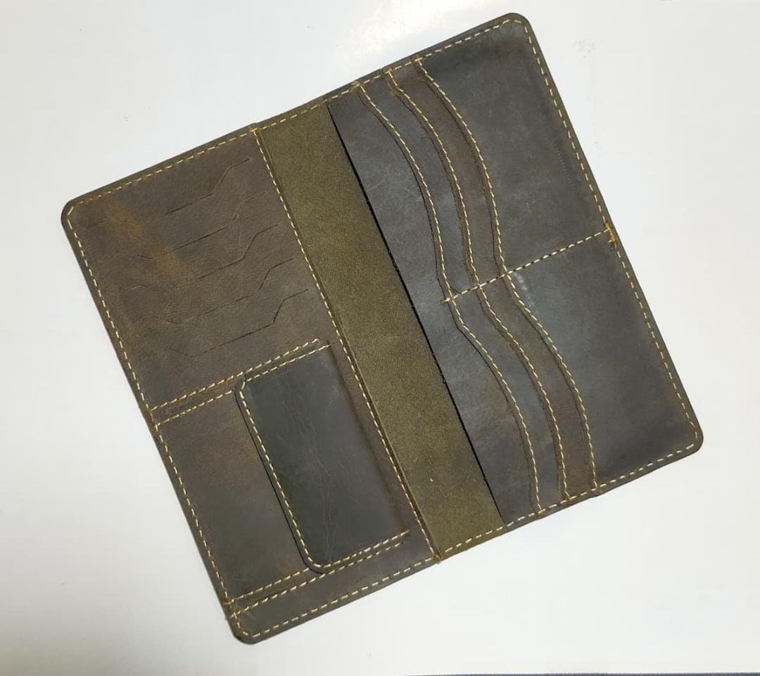 Premium Leather Long Wallet – Deep Olive