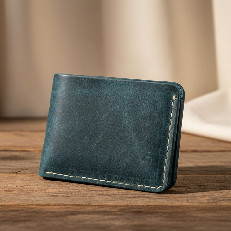 Leather Wallet Slim Bifold Design with Coin Pocket - Teal Blue