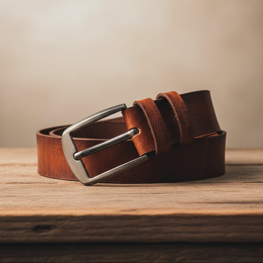 Vintage Look Leather Belt - Tan Brown