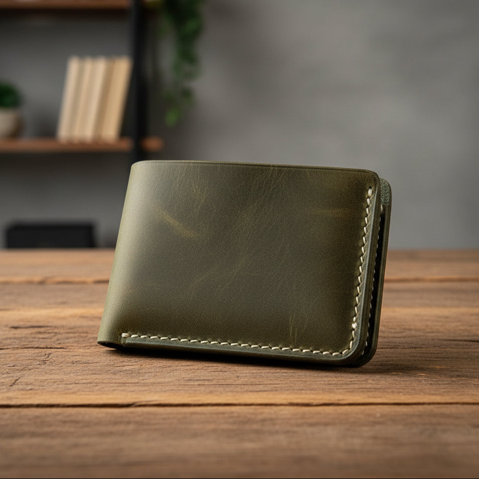 Leather Wallet Slim Bifold Design with Coin Pocket - Olive Green