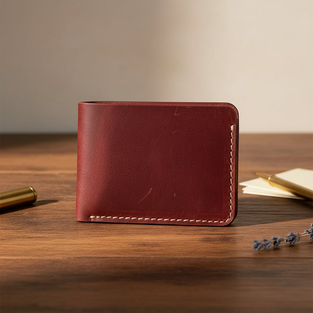 Leather Wallet Slim Bifold Design with Coin Pocket - Mahogany Red
