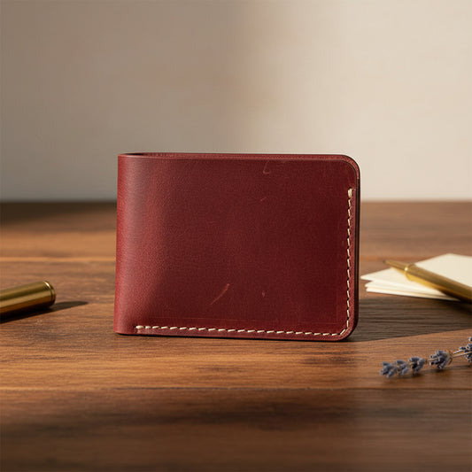 Leather Wallet Slim Bifold Design with Coin Pocket - Mahogany Red